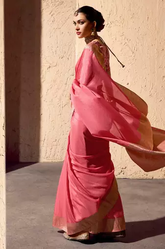 peach viscose silk blend with zari weaving & tassel with brocade blouse 