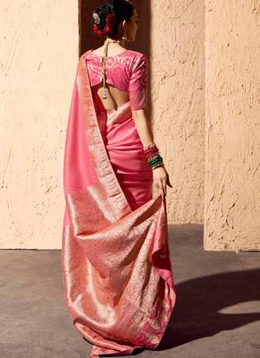 peach viscose silk blend with zari weaving & tassel with brocade blouse  3