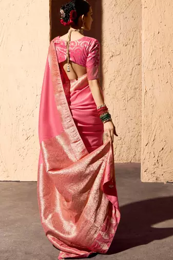 peach viscose silk blend with zari weaving & tassel with brocade blouse 