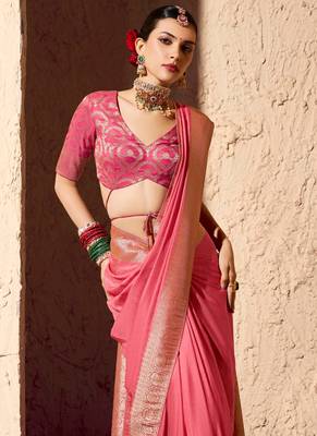 peach viscose silk blend with zari weaving & tassel with brocade blouse  4