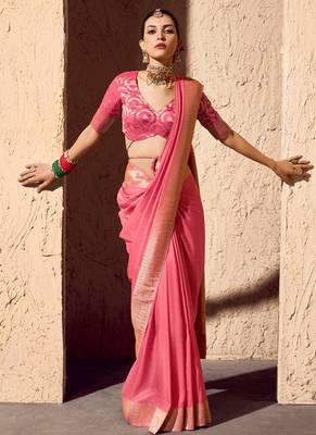 peach viscose silk blend with zari weaving & tassel with brocade blouse  5