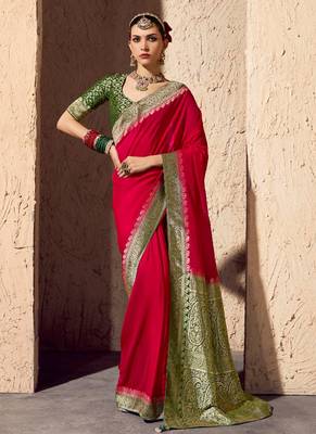 blood red viscose silk blend with zari weaving & tassel with brocade blouse  1
