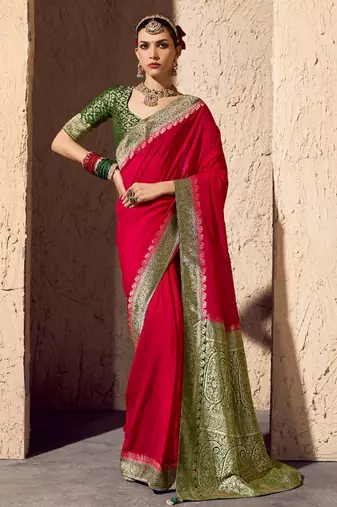 blood red viscose silk blend with zari weaving & tassel with brocade blouse 