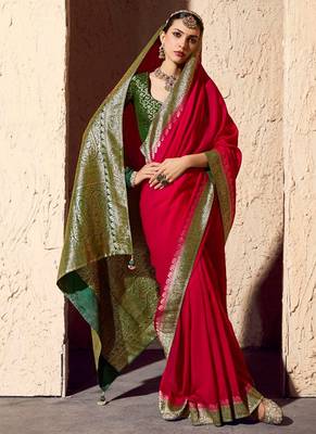 blood red viscose silk blend with zari weaving & tassel with brocade blouse  2