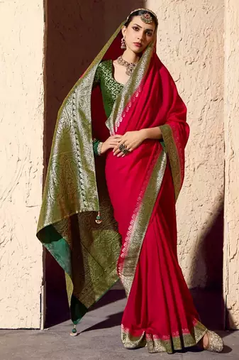 blood red viscose silk blend with zari weaving & tassel with brocade blouse 