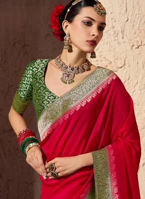 blood red viscose silk blend with zari weaving & tassel with brocade blouse  3