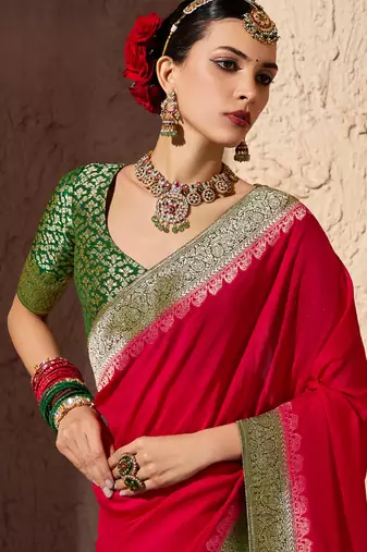 blood red viscose silk blend with zari weaving & tassel with brocade blouse 