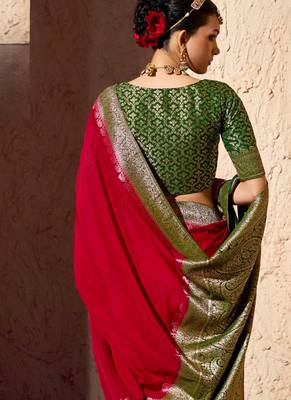 blood red viscose silk blend with zari weaving & tassel with brocade blouse  4