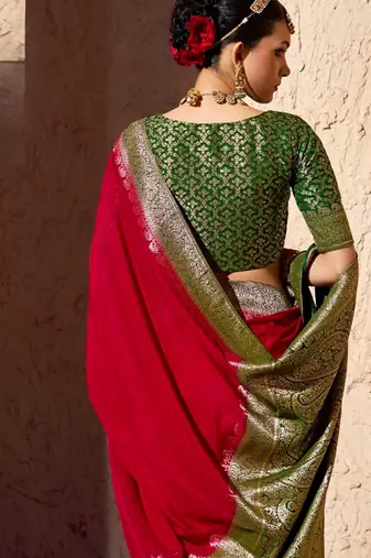 blood red viscose silk blend with zari weaving & tassel with brocade blouse 