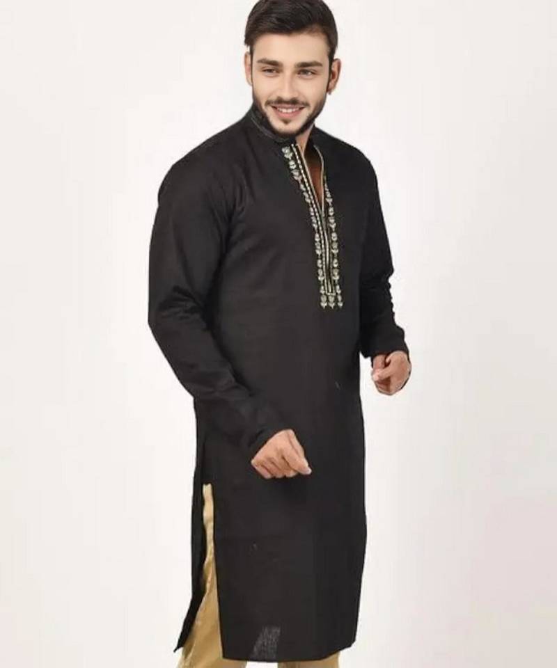Black embroidered cotton kurta