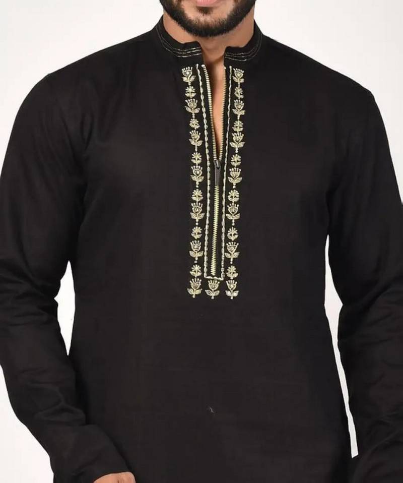 Black embroidered cotton kurta