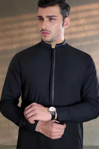 Black embroidered cotton kurta set