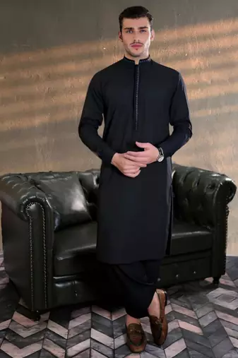 Black embroidered cotton kurta set