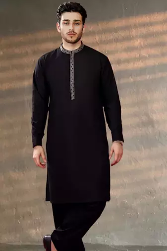 Black embroidered cotton kurta set
