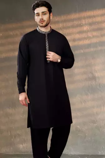 Black embroidered cotton kurta set