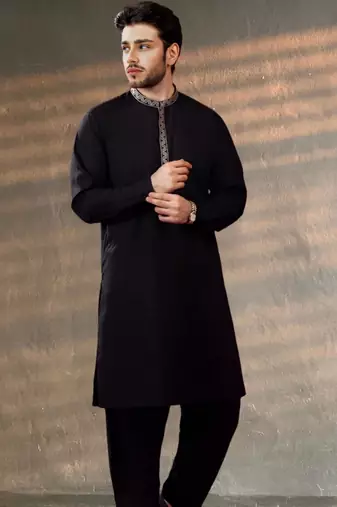Black embroidered cotton kurta set