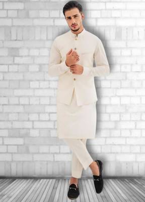 White cotton kurta pajama and Nehru jacket 1