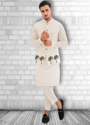 White embroidered cotton kurta Pajama and Jacket 1
