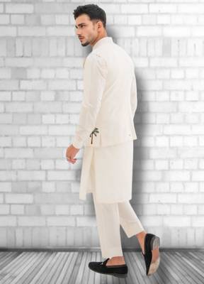 White embroidered cotton kurta Pajama and Jacket 2