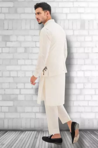 White embroidered cotton kurta Pajama and Jacket