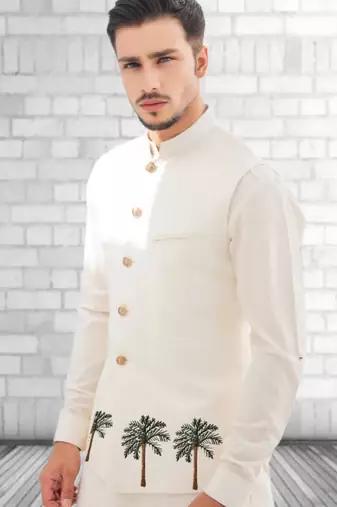 White embroidered cotton kurta Pajama and Jacket