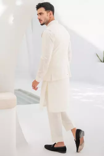 White embroidered cotton kurta pajama and Jacket