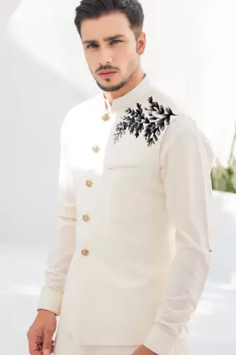 White embroidered cotton kurta pajama and Jacket