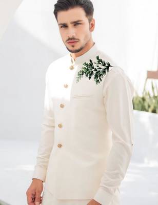 White embroidered cotton kurta Pajama and jacket 2