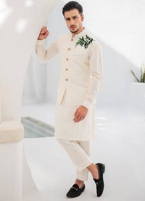 White embroidered cotton kurta Pajama and jacket 1