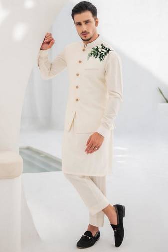 White embroidered cotton kurta Pajama and jacket