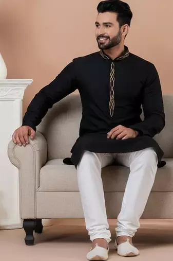 Black embroidered cotton kurta set