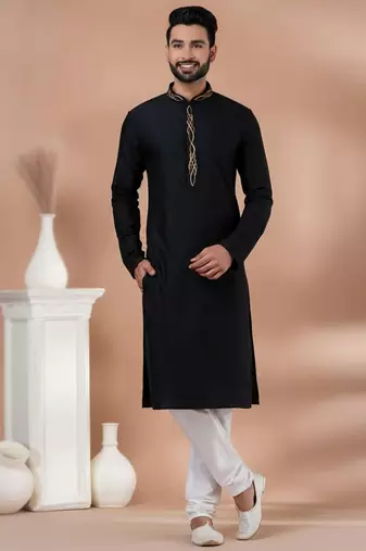 Black embroidered cotton kurta set