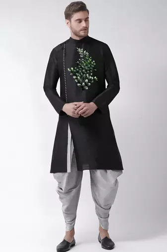 Black embroidered dupion art silk kurta set