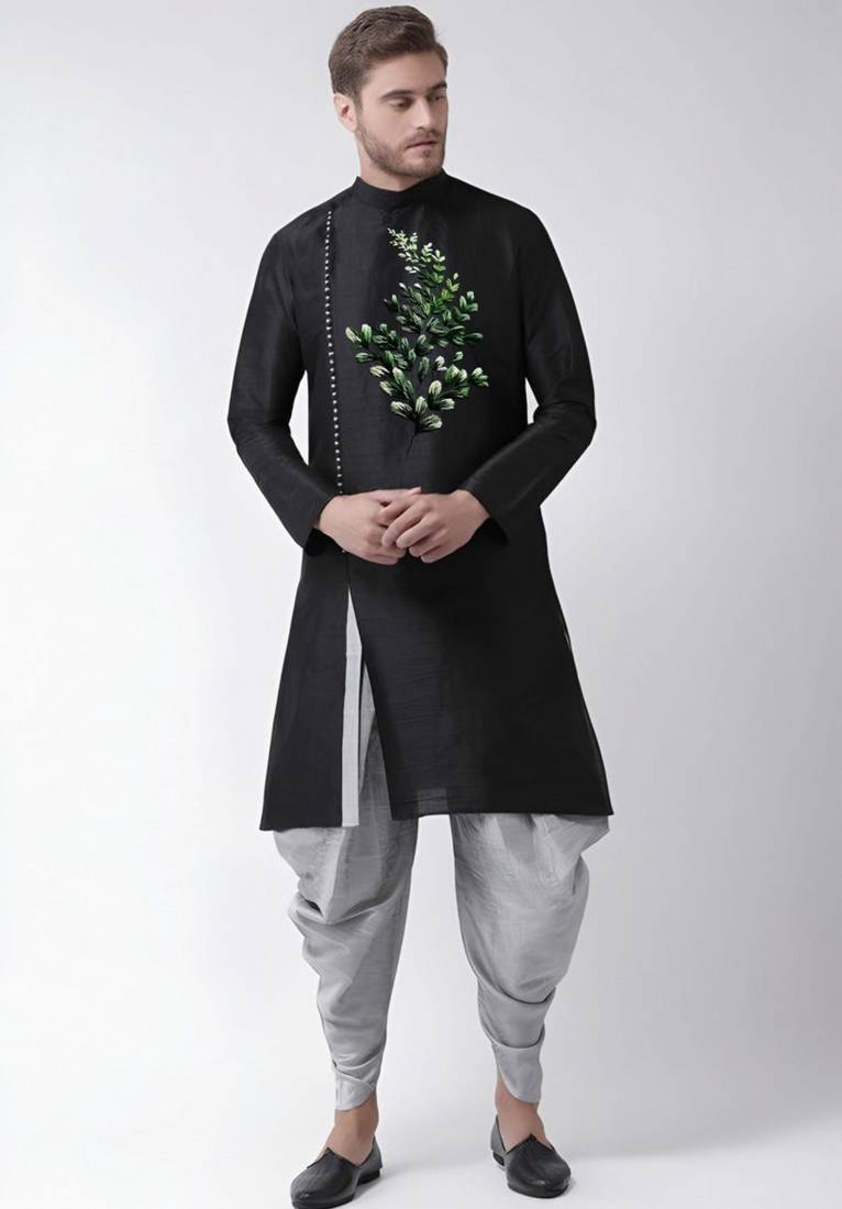 Black embroidered dupion art silk kurta set