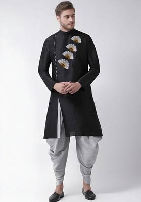Black embroidered dupion art silk kurta set 1