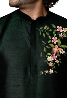 Bottle green embroidered dupion art silk kurta set 2