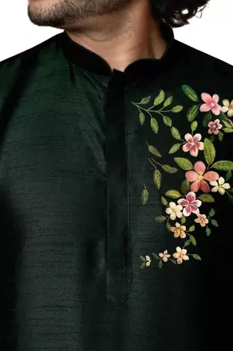 Bottle green embroidered dupion art silk kurta set