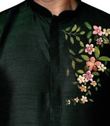 Bottle green embroidered dupion art silk kurta set