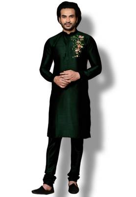 Bottle green embroidered dupion art silk kurta set 1