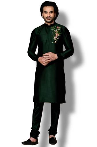 Bottle green embroidered dupion art silk kurta set