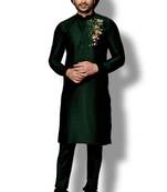 Bottle green embroidered dupion art silk kurta set