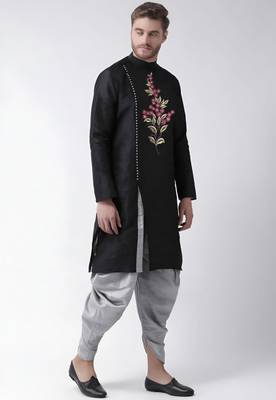 Black embroidered dupion art silk kurta set 3