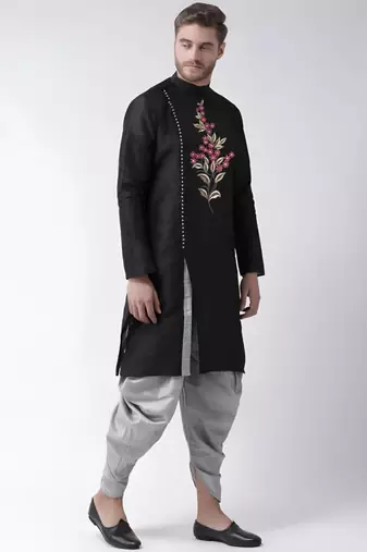 Black embroidered dupion art silk kurta set