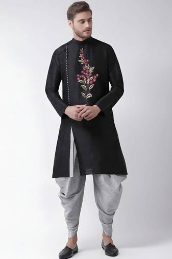 Black embroidered dupion art silk kurta set