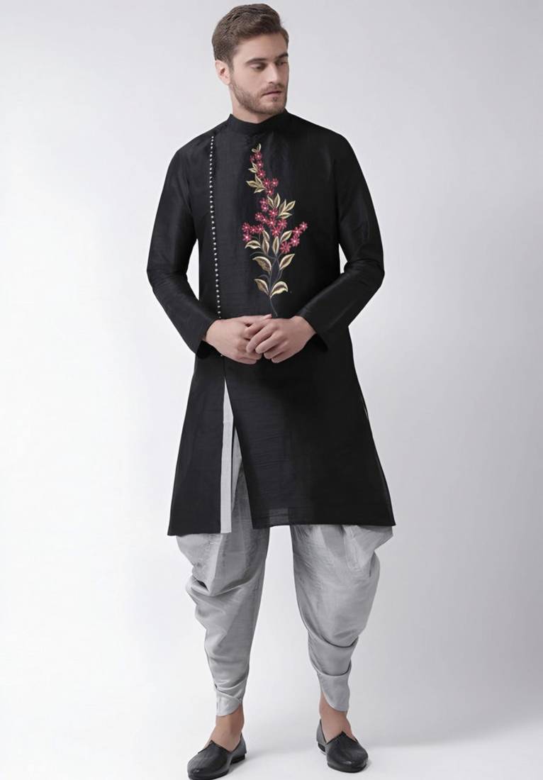 Black embroidered dupion art silk kurta set