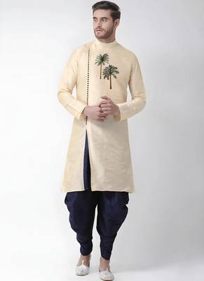 Light golden embroidered dupion art silk kurta set 1