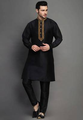 Black embroidered dupion art silk kurta set 1