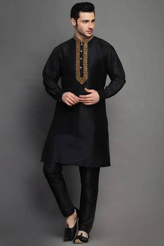 Black embroidered dupion art silk kurta set