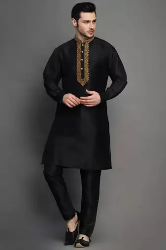 Black embroidered dupion art silk kurta set