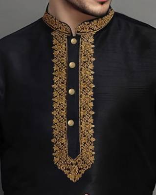 Black embroidered dupion art silk kurta set 2